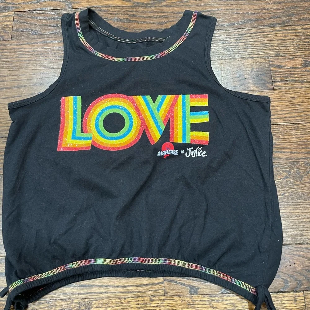 Justice X Airhead Black Tank Top with Rainbow LOVE Graphic size 10